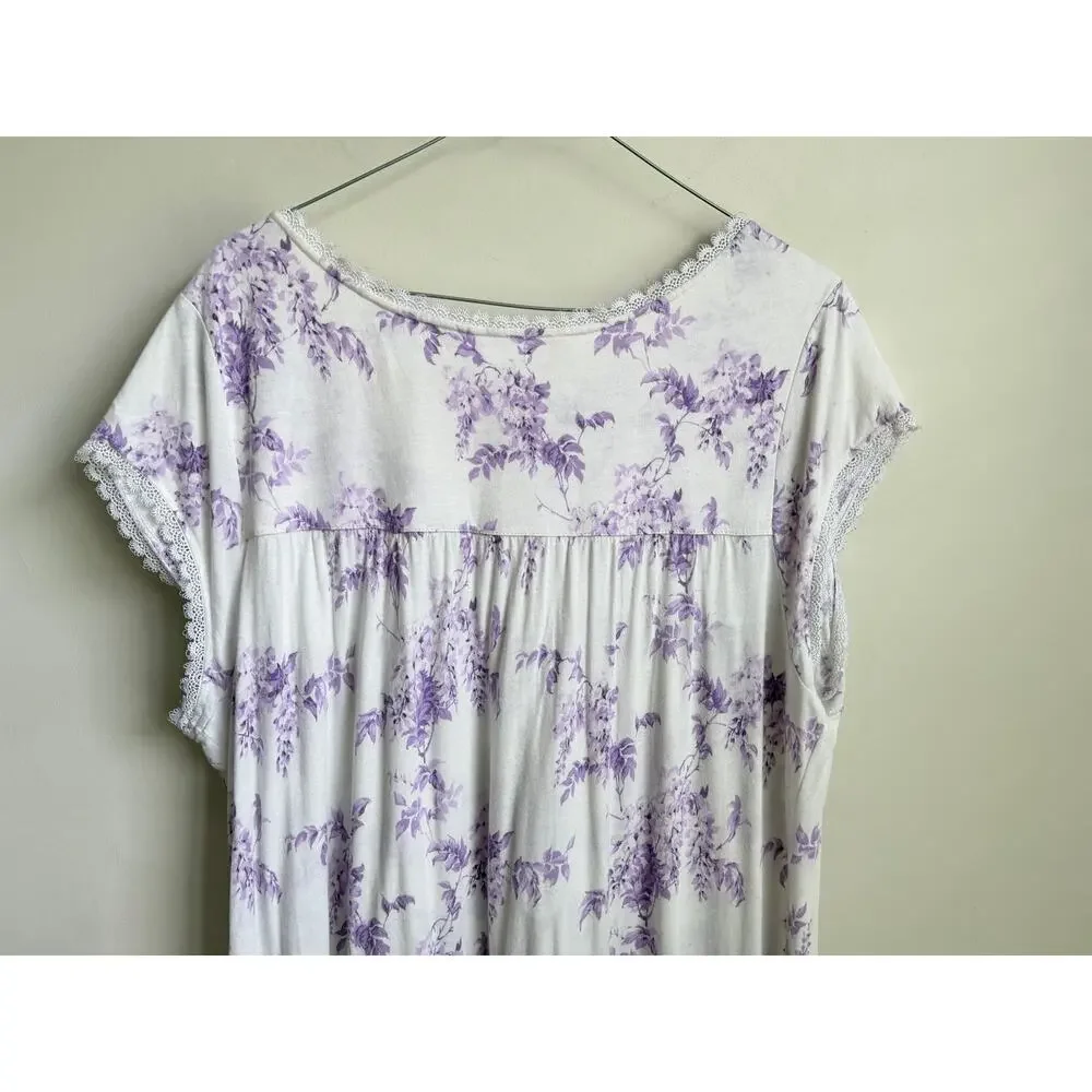 Eileen West Wisteria Cap Sleeve V-Neck Nightgown White Purple Women's Large